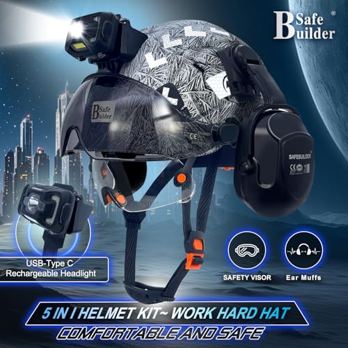 SAFEBUILDER Hard Hats with Visor and Headlight Ear Muffs Lightweight Vented Safety Helmet Headlamp for Construction Industrial Outdoor Work ANSI Z891 Approved GangMuCSVB07SHL01 - Image 3