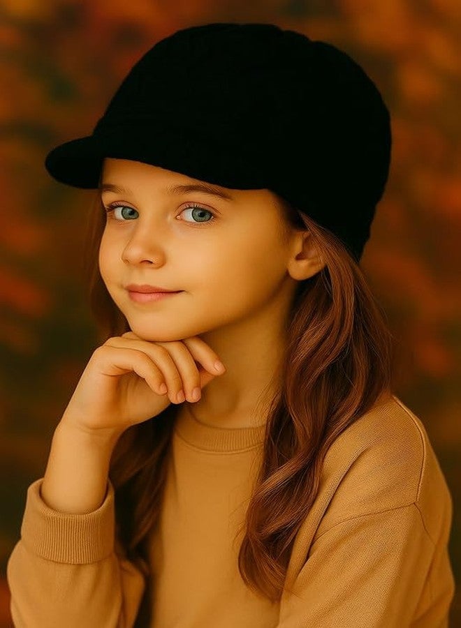 Krystle Stylish Kids Woolen Beanie Cap with Visor - Warm Winter Hat for Girls & Boys (Black, 7-12 Years) - Image 2