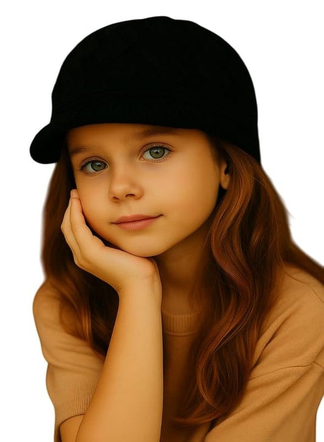Krystle Stylish Kids Woolen Beanie Cap with Visor - Warm Winter Hat for Girls & Boys (Black, 7-12 Years) - Image 1