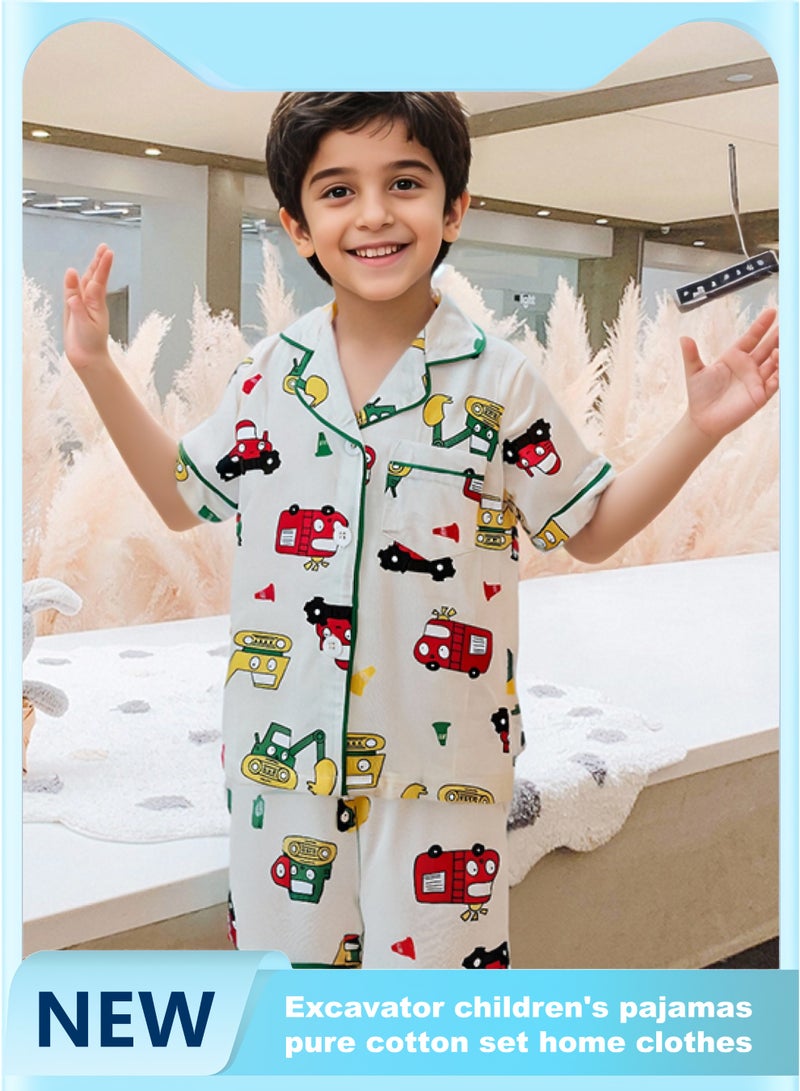 Excavator children's sleepwear, boys' summer short - sleeved and short - pants pure cotton sets, thin - section baby home clothing for boys - Image 2
