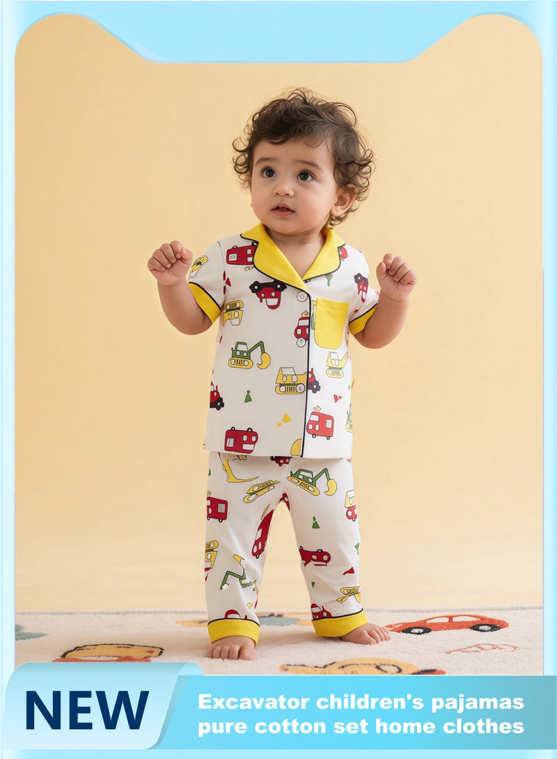 Excavator children's sleepwear, boys' summer short - sleeved and short - pants pure cotton sets, thin - section baby home clothing for boys - Image 1