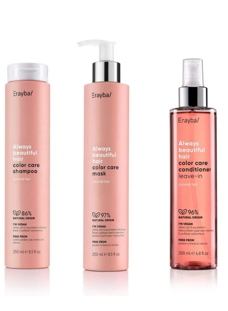 Erayba Always Beautiful Hair Color Care Collection Is Vegan And Enriched With Natural Lngredients. Especially For Colored Hair Shampoo 250ml Mask 250ml Conditioner 200ml - Image 1