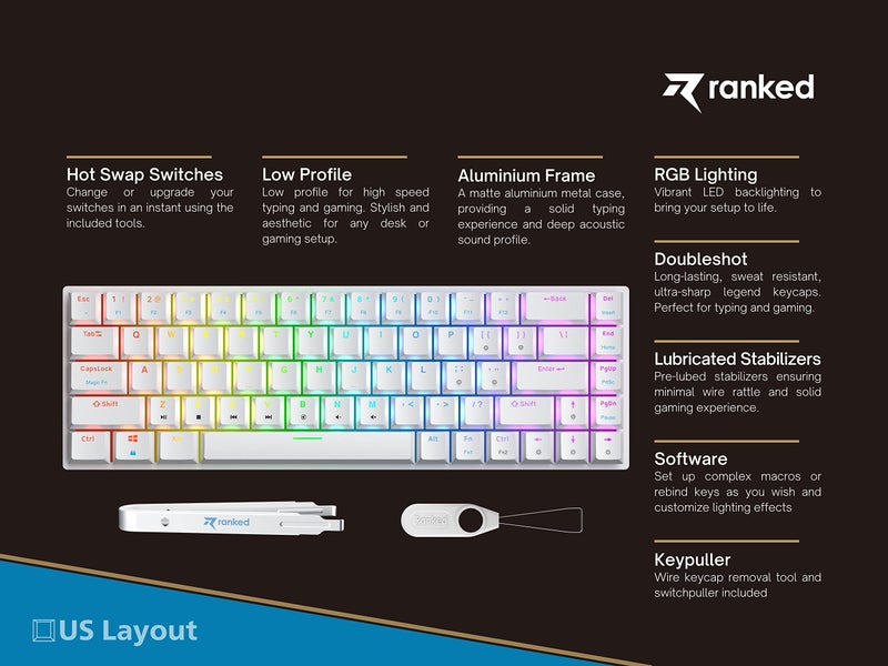 Ranked G65 Guardian 65% | Full Aluminum Frame | Ultra Slim Hot Swappable Mechanical Gaming Keyboard | 68 Keys Multi Color RGB LED Backlit for PC/Mac Gamer (White, Gateron Low Profile Red) - Image 2