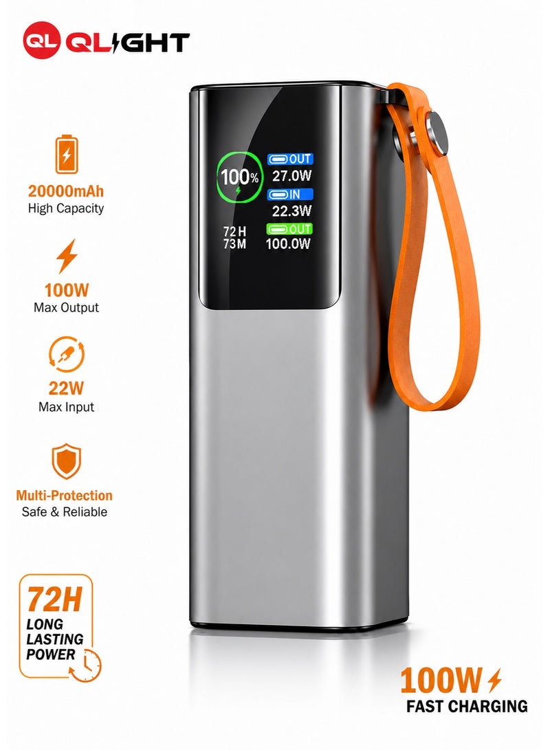 QLIGHT 20000mAh 100W Fast Charging Power Bank with Built-in USB-C Cable, Digital Display, 22W Fast Input, Portable Power Bank for MacBook, iPhone 16/15 Series, Samsung Galaxy, iPad, Tablets & USB-C Laptops – Space Gray - Image 1
