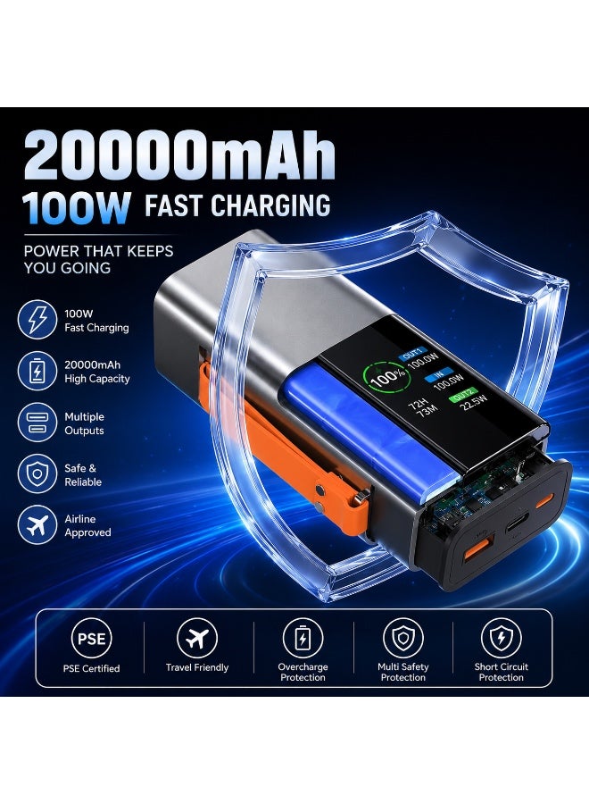 QLIGHT 20000mAh 100W Fast Charging Power Bank with Built-in USB-C Cable, Digital Display, 22W Fast Input, Portable Power Bank for MacBook, iPhone 16/15 Series, Samsung Galaxy, iPad, Tablets & USB-C Laptops – Space Gray - Image 4