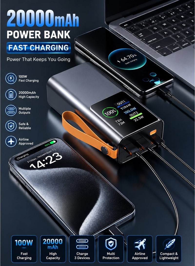 QLIGHT 20000mAh 100W Fast Charging Power Bank with Built-in USB-C Cable, Digital Display, 22W Fast Input, Portable Power Bank for MacBook, iPhone 16/15 Series, Samsung Galaxy, iPad, Tablets & USB-C Laptops – Space Gray - Image 3