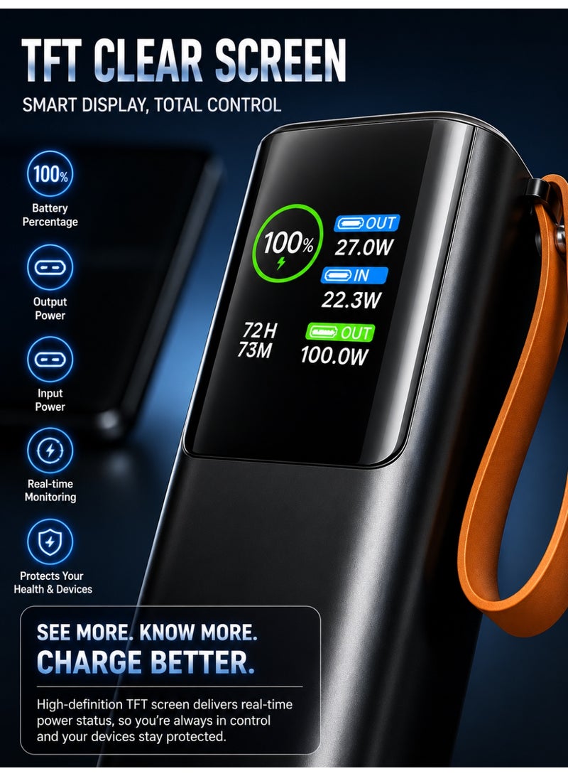 QLIGHT 20000mAh 100W Fast Charging Power Bank with Built-in USB-C Cable, Digital Display, 22W Fast Input, Portable Power Bank for MacBook, iPhone 16/15 Series, Samsung Galaxy, iPad, Tablets & USB-C Laptops – Space Gray - Image 2