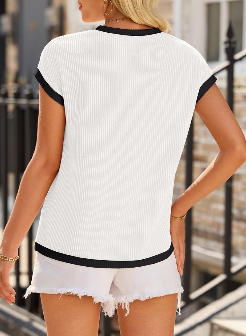 EVALESS 2026 Trendy Tops for Women Crewneck Short Sleeve Cute Solid Basic T Shirts Dressy Casual Loose Ribbed Knit Tee Fashion Blouses Spring Outfits White Large - Image 3