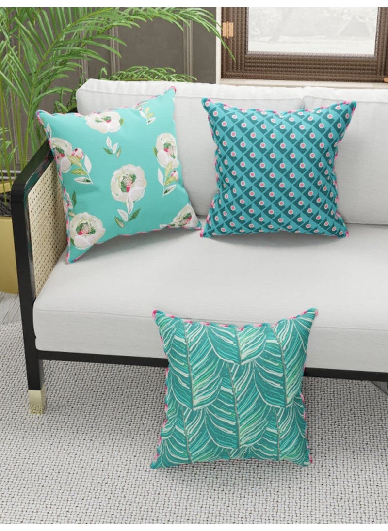 Bianca BIANCA Designer Reversible Printed Silk Linen Cushion Covers -3pc 16 X16 Set (Suzane) | Silk-Linen Luxury Cushion Cover | with Contrast Front & Back Digital Print - Hidden Zipper Floral-Coral/Teal  - Image 1