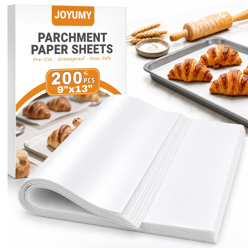 JOYUMY 200 Pcs Parchment Paper Sheets for Baking – 9x13inch Baking Paper, White, Pre-Cut, Non-Stick, Unbleached, Heat-Resistant for Baking Grilling Air Fryer Steaming Bread Cup Cake Cookie and More - Image 1