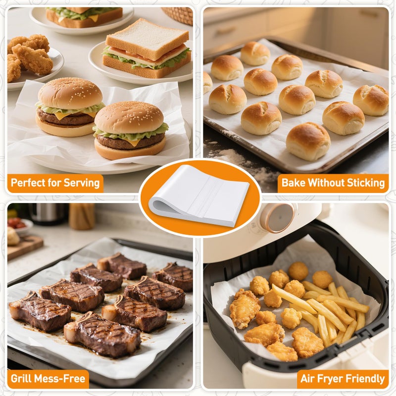 JOYUMY 200 Pcs Parchment Paper Sheets for Baking – 9x13inch Baking Paper, White, Pre-Cut, Non-Stick, Unbleached, Heat-Resistant for Baking Grilling Air Fryer Steaming Bread Cup Cake Cookie and More - Image 5