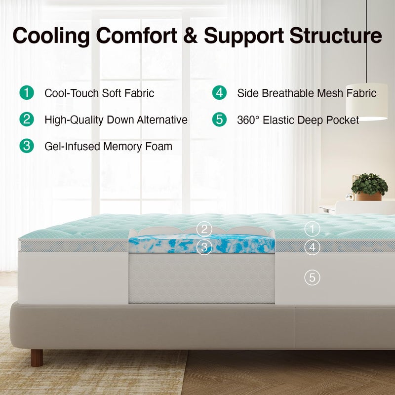 Novilla 4 Inch Dual Layer Memory Foam Mattress Topper, 2 Inch Gel Memory Foam and 2 Inch Cooling Down-Alternative Mattress Pad Cover for Back Pain, Breathable & Certi-Safe, Queen - Image 2