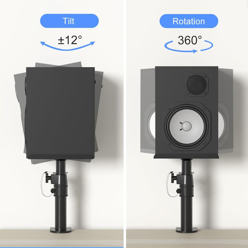 suptek Clamp-on Speaker Stand Desk Mount Set, Height Adjustment, Tilt, Swivel, 9.6 x 8.8 inch Trays, Universal Audio Holders for Computer and Bookshelf Speakers, Elevated Sound, 2 Pack, Black, SDM001B - Image 2