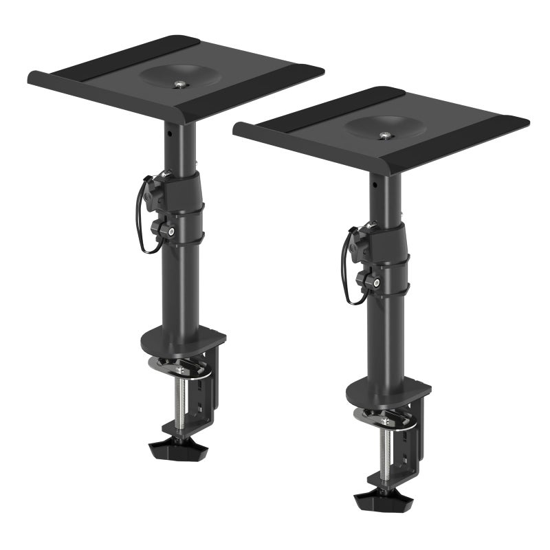suptek Clamp-on Speaker Stand Desk Mount Set, Height Adjustment, Tilt, Swivel, 9.6 x 8.8 inch Trays, Universal Audio Holders for Computer and Bookshelf Speakers, Elevated Sound, 2 Pack, Black, SDM001B - Image 1