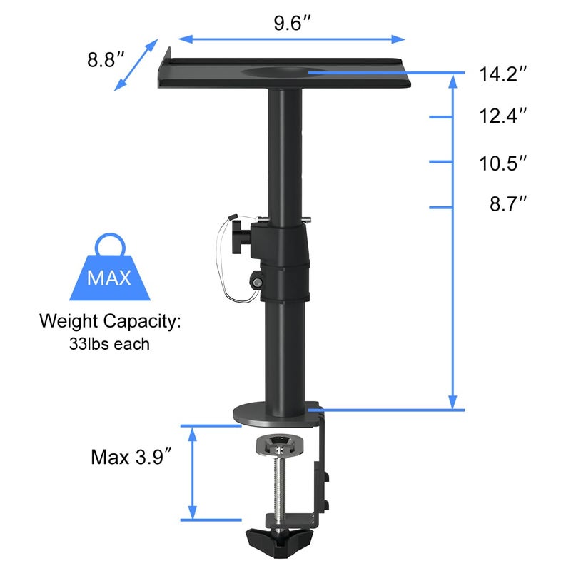suptek Clamp-on Speaker Stand Desk Mount Set, Height Adjustment, Tilt, Swivel, 9.6 x 8.8 inch Trays, Universal Audio Holders for Computer and Bookshelf Speakers, Elevated Sound, 2 Pack, Black, SDM001B - Image 4