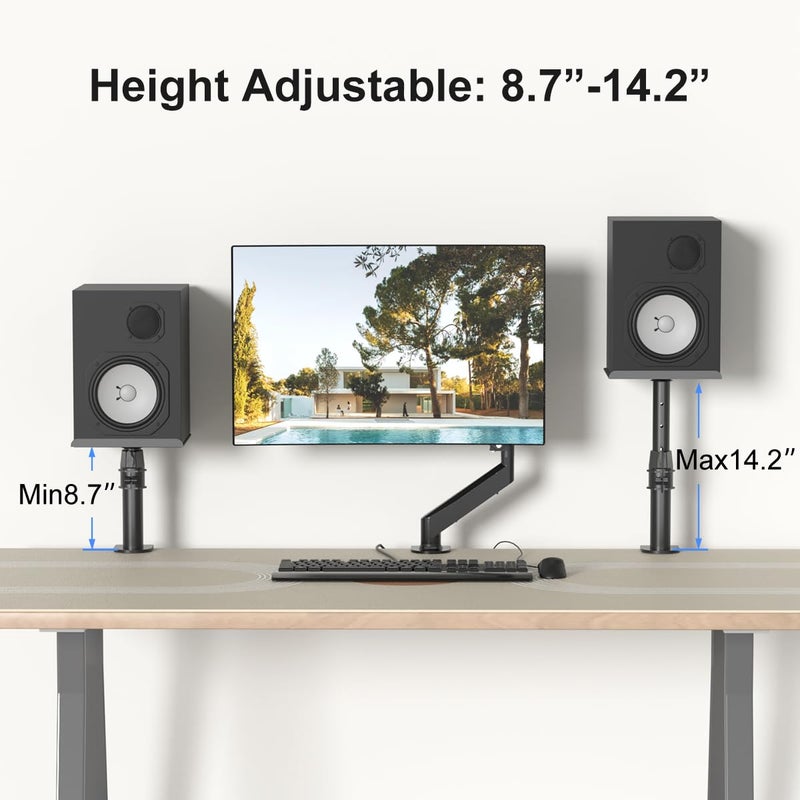 suptek Clamp-on Speaker Stand Desk Mount Set, Height Adjustment, Tilt, Swivel, 9.6 x 8.8 inch Trays, Universal Audio Holders for Computer and Bookshelf Speakers, Elevated Sound, 2 Pack, Black, SDM001B - Image 5
