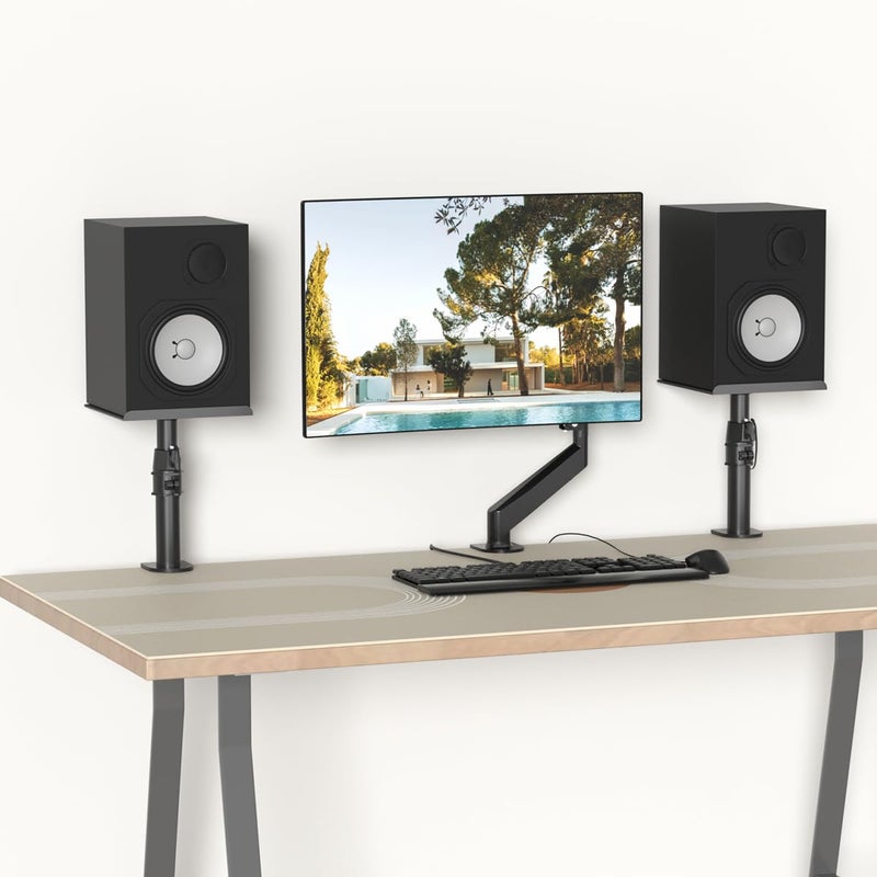 suptek Clamp-on Speaker Stand Desk Mount Set, Height Adjustment, Tilt, Swivel, 9.6 x 8.8 inch Trays, Universal Audio Holders for Computer and Bookshelf Speakers, Elevated Sound, 2 Pack, Black, SDM001B - Image 3