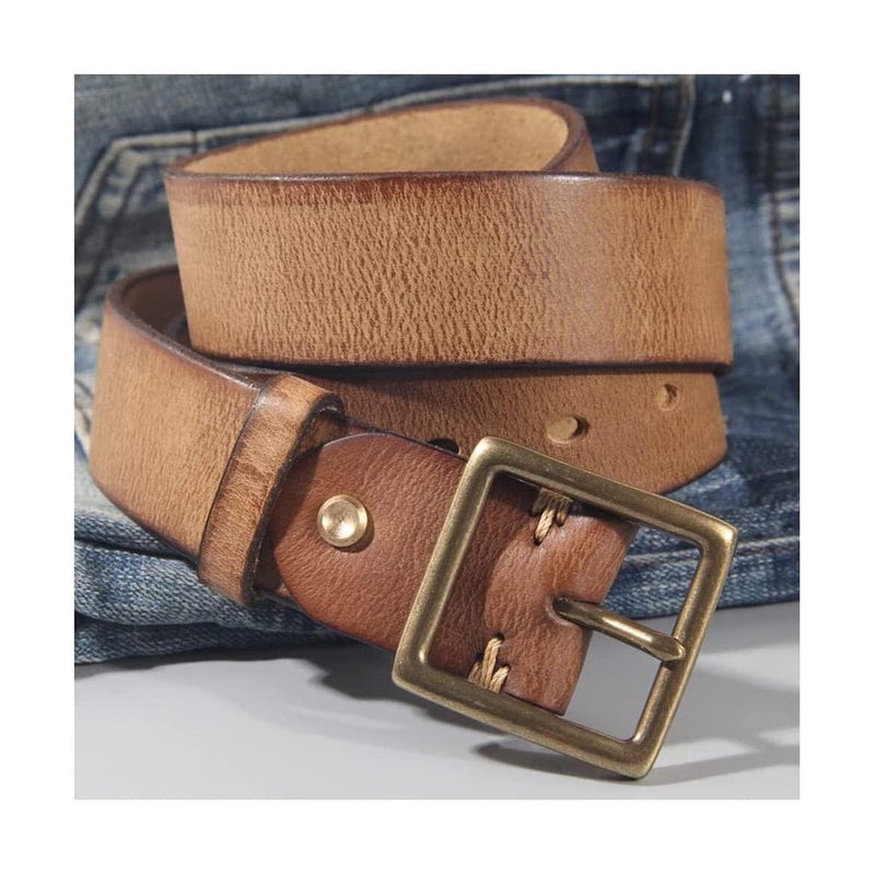 Mens Brown Leather Belt With Copper Buckle 110cm Casual Jeans Pants Simple Soft - Image 2