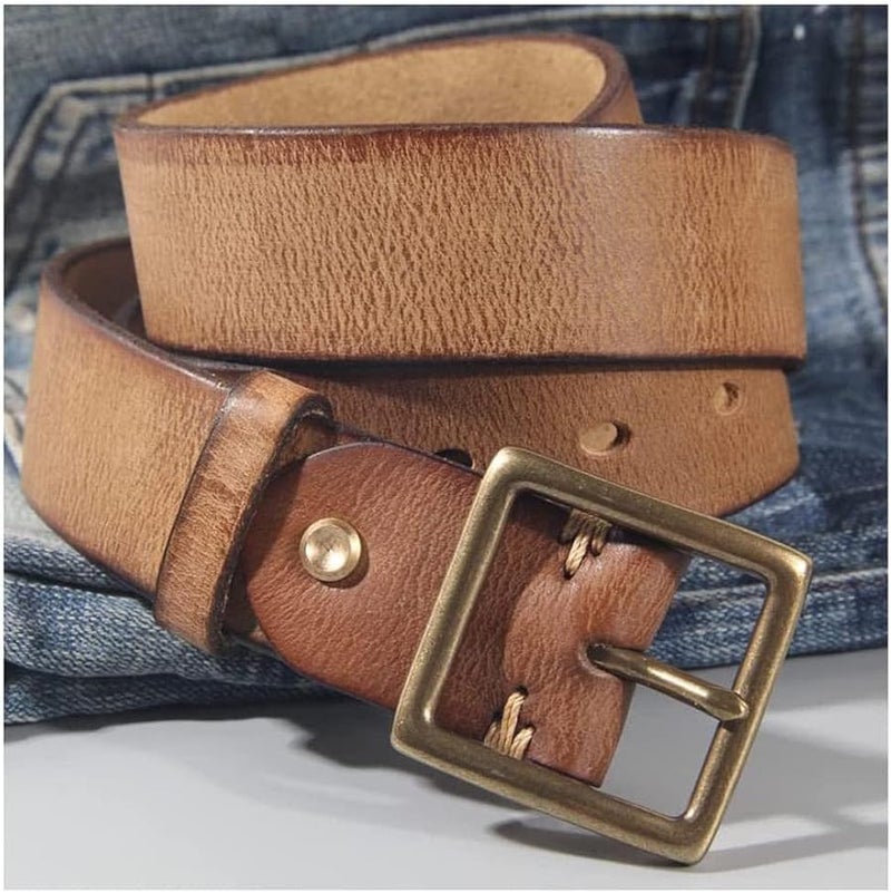 Mens Brown Leather Belt With Copper Buckle 110cm Casual Jeans Pants Simple Soft - Image 1