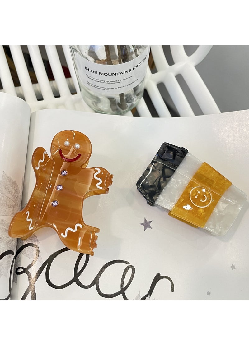 Christmas Hair Claw, Cute Acetate Gingerbread Man Cartoon Hair Claw Jaw Clip for Grils and Women (Gingerbread Man + coffee cup) - Image 1