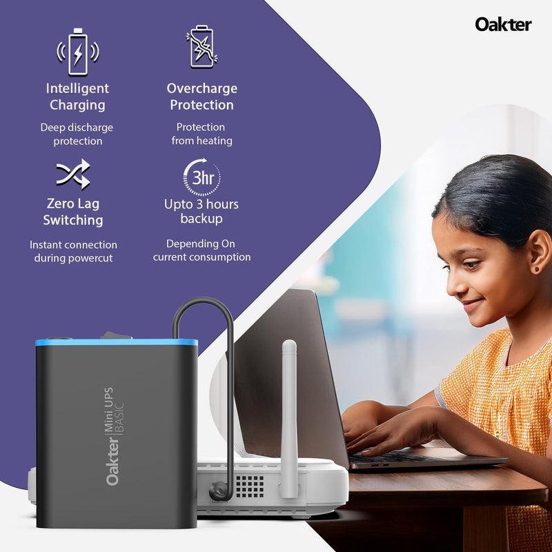 Oakter UPS مصغر أساسي لجهاز التوجيه WiFi مودم النطاق العريض | يدعم أجهزة التوجيه 12V-2A. احتياطي يصل إلى 3 ساعات | احتياطي طاقة جهاز التوجيه WiFi أثناء انقطاع التيار الكهربائي | حماية من زيادة التيار وتفريغ عميق. - Image 3