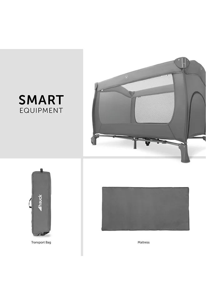 hauck Sleep N Play Go Plus 4 - Part Travel Cot From Birth To 15 Kg, With Side Exit, Wheels, Foldable, Carry Bag - Grey
