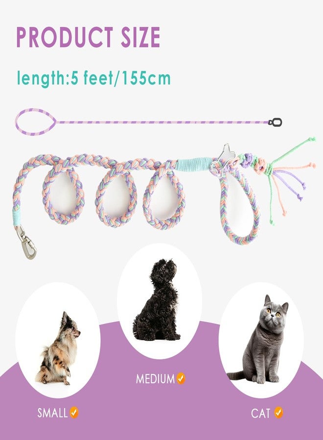 كودوس طوق كلاب قطني مضفر من كودوس - مزود بإبزيم قفل ومقبض مريح، حبل منسوج يدويًا بألوان وردي وأخضر وبنفسجي، طوله 5.2 قدم مع تفاصيل زهرية، مناسب للكلاب الصغيرة والكبيرة، تصميم ربيعي - Image 2