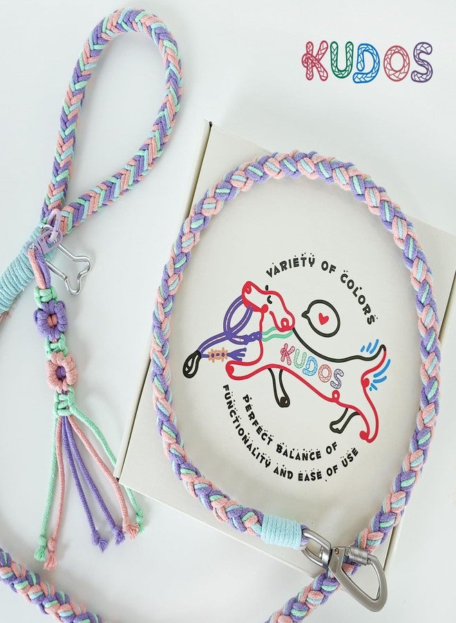 كودوس طوق كلاب قطني مضفر من كودوس - مزود بإبزيم قفل ومقبض مريح، حبل منسوج يدويًا بألوان وردي وأخضر وبنفسجي، طوله 5.2 قدم مع تفاصيل زهرية، مناسب للكلاب الصغيرة والكبيرة، تصميم ربيعي - Image 3