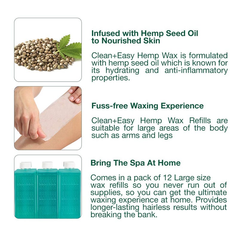 Clean + Easy Hemp Roll On Wax â€“ Large Soft Wax Refill Cartridge for Hair Removal on for Legs, Arms & Body, 12 Pack - Image 3