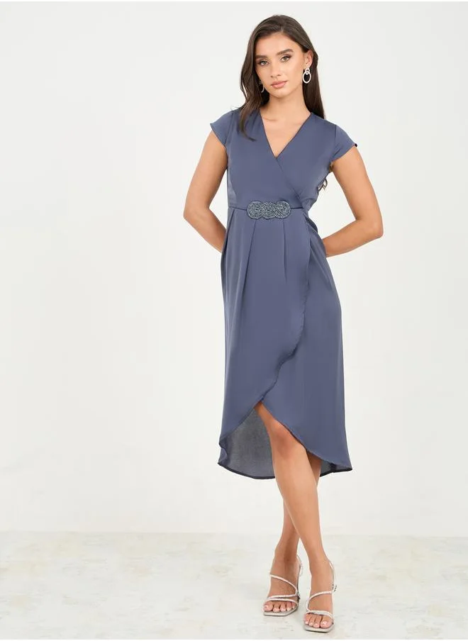 Styli Embellished Box Pleat Asymmetric Hem A-Line Dress