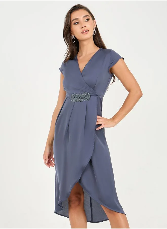 Styli Embellished Box Pleat Asymmetric Hem A-Line Dress