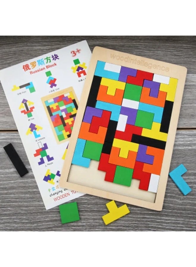 Clicko Wooden Intelligence Russian Block Puzzle - 40 Piece Colorful Geometric Tangram Brain Teaser, Educational Montessori STEM Toy for Kids and Adults, Creative Shape Building Set - Image 2