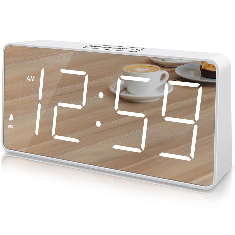 Peakeep Digital Clock Alarm Clock Battery Backup Powered for Bedrooms Mirror Face Large Numbers 6 Dimmer for Seniors Super Loud for Heavy Sleepers White