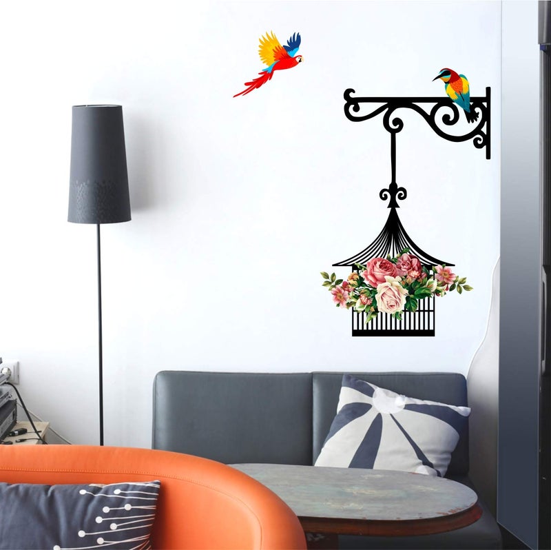 Sticker Yard Vinyl Hanging cage Flowers Birds Wall Sticker, 60 x 71 cm, Multicolour, Botanical-Self-Adhesive - Image 1
