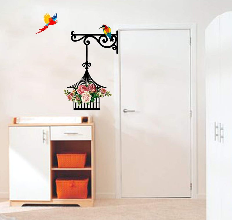 Sticker Yard Vinyl Hanging cage Flowers Birds Wall Sticker, 60 x 71 cm, Multicolour, Botanical-Self-Adhesive - Image 2