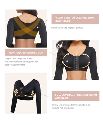 FeelinGirl 3/4 Sleeve Arm Shaper Tops Arm Garments after Lipo Breast Lifter Post Surgical Compression Bra Black S - Image 2