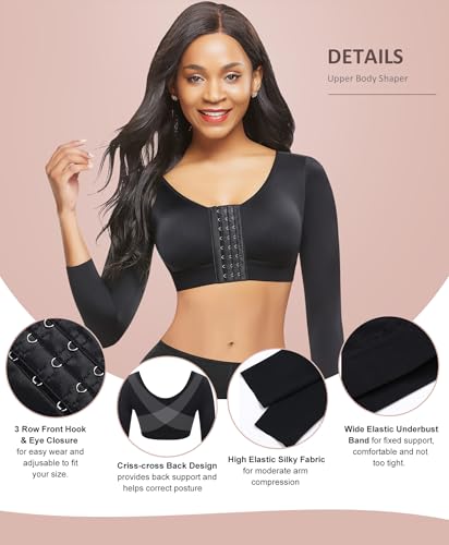 FeelinGirl 3/4 Sleeve Arm Shaper Tops Arm Garments after Lipo Breast Lifter Post Surgical Compression Bra Black S - Image 3