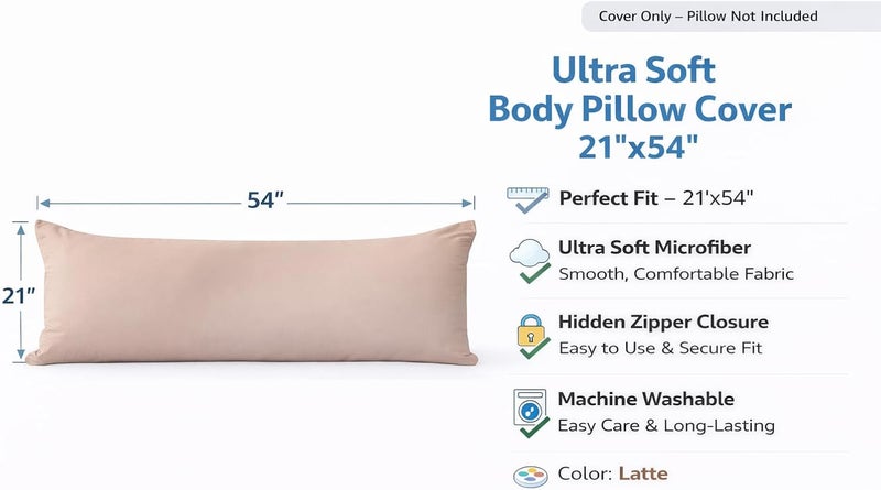 EVOLIVE Ultra Soft Microfiber Body Pillow Cover/Pillowcases 21"x54" with Hidden Zipper Closure (21"x54" Body Pillow Cover, Latte) - Image 2