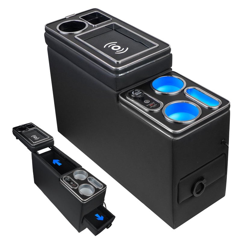 Donpida Center Console Between Seat Organizer for Minivans & SUVs - with Wireless Charging Pad, Blue LED Ambient Light, Phone Holder & Cup Holders, Middle Van Floor Console Storage Box (Black) - Image 1