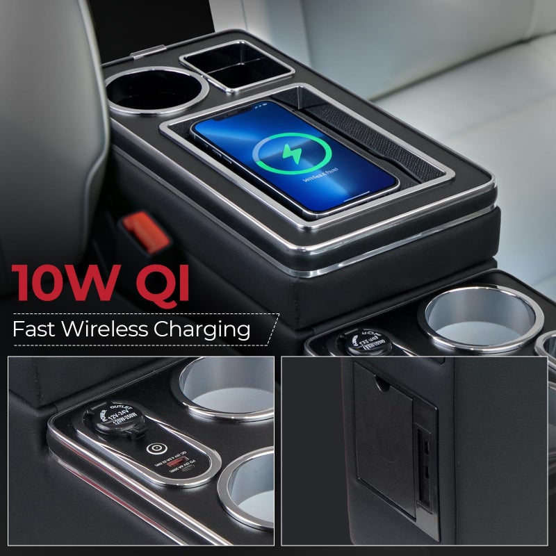 Donpida Center Console Between Seat Organizer for Minivans & SUVs - with Wireless Charging Pad, Blue LED Ambient Light, Phone Holder & Cup Holders, Middle Van Floor Console Storage Box (Black) - Image 4