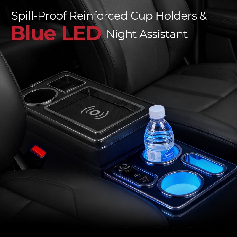 Donpida Center Console Between Seat Organizer for Minivans & SUVs - with Wireless Charging Pad, Blue LED Ambient Light, Phone Holder & Cup Holders, Middle Van Floor Console Storage Box (Black) - Image 5