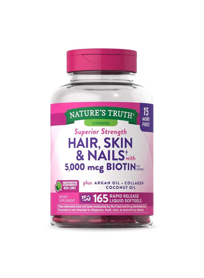 نايتشورز تروث مكمل غذائي كبسولات جيلاتينية ناعمة قوة فائقة للشعر والبشرة والأظافر مع 5000 ميكروجرام من البيوتين، 165 كبسولة - Image 1