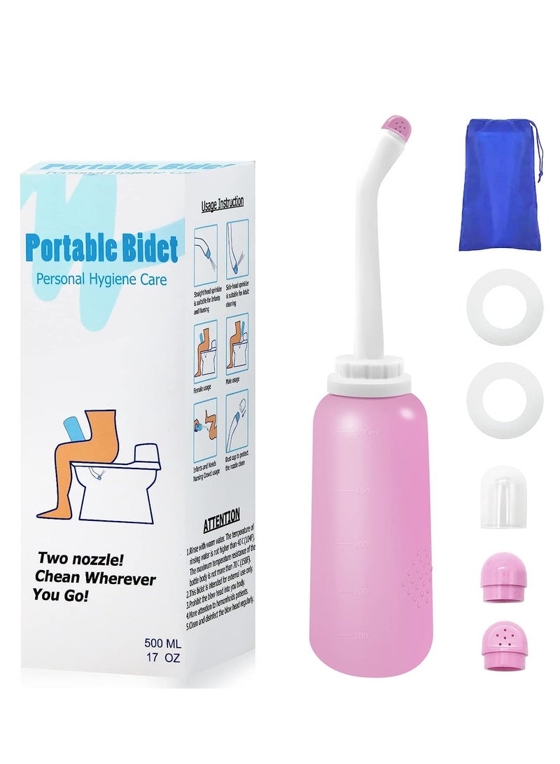 Peri Bottle Travel Shattaf,Portable Travel Bidet with Carry Bag,TPE Material Can Be Boiled,500ml Capacity with 2 Sealing Ring,Essentials for Postpartum Perineal Care,Hemorrhoid Treatment Pink - Image 1