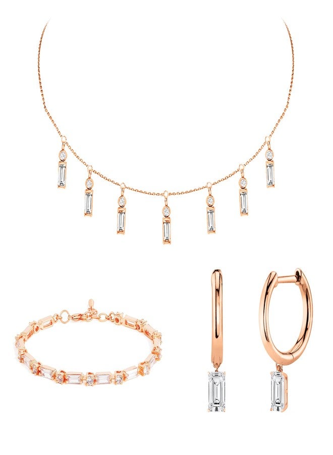 MINUTIAE Dangling Rose Gold Plated Emerald Baguette Diamond Jewellery Set One Earring Braclet And Necklace Choker Set Fashion Jewellery For Women And Girls - Image 1