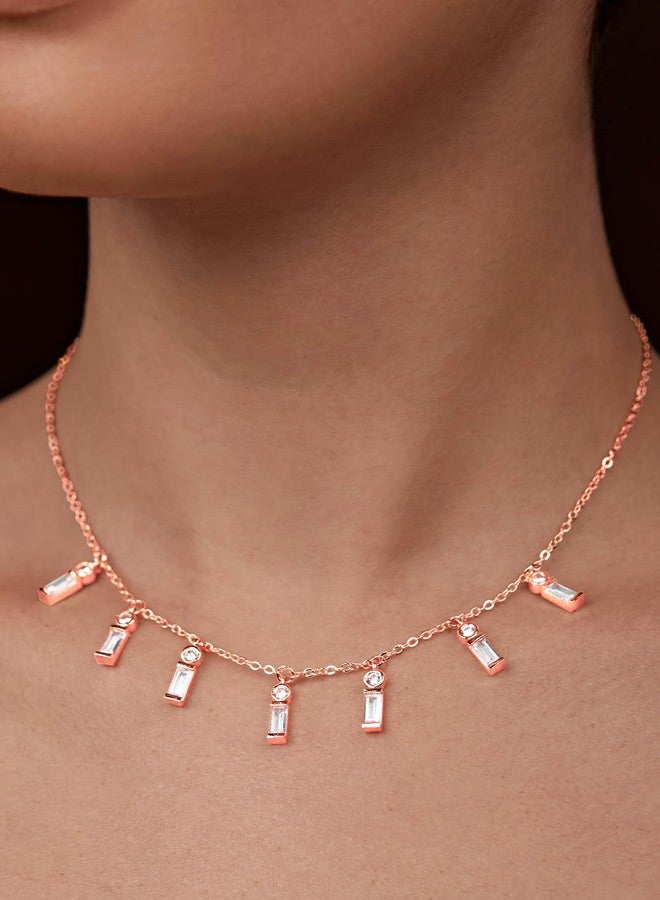MINUTIAE Dangling Rose Gold Plated Emerald Baguette Diamond Jewellery Set One Earring Braclet And Necklace Choker Set Fashion Jewellery For Women And Girls - Image 2
