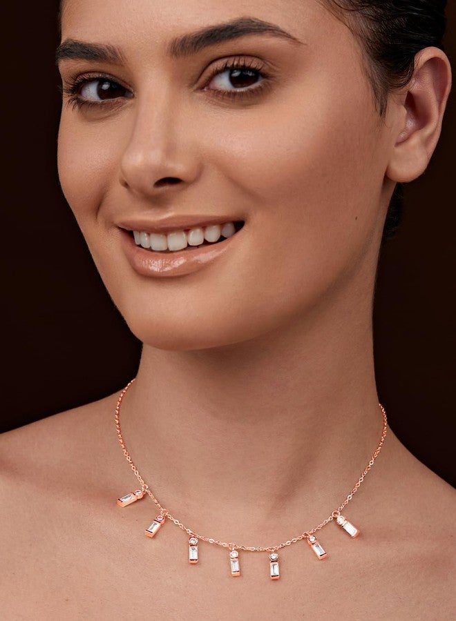 MINUTIAE Dangling Rose Gold Plated Emerald Baguette Diamond Jewellery Set One Earring Braclet And Necklace Choker Set Fashion Jewellery For Women And Girls - Image 4