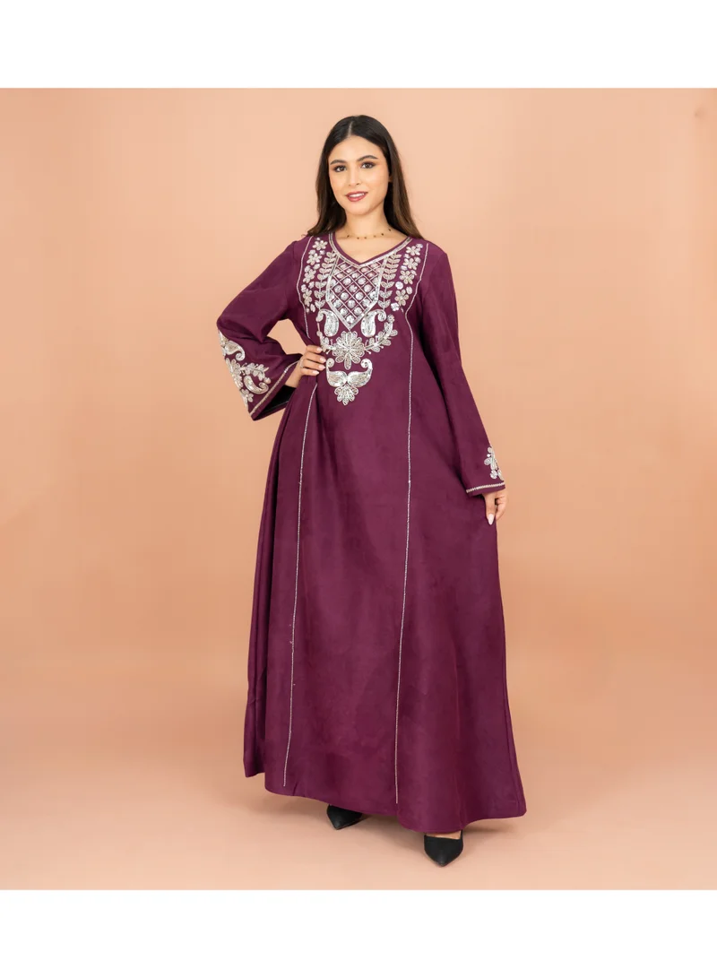 IKKXA Wide Sleeve Shimmer Fabric Silver Embroidery Jalabiya IK1062 Purple