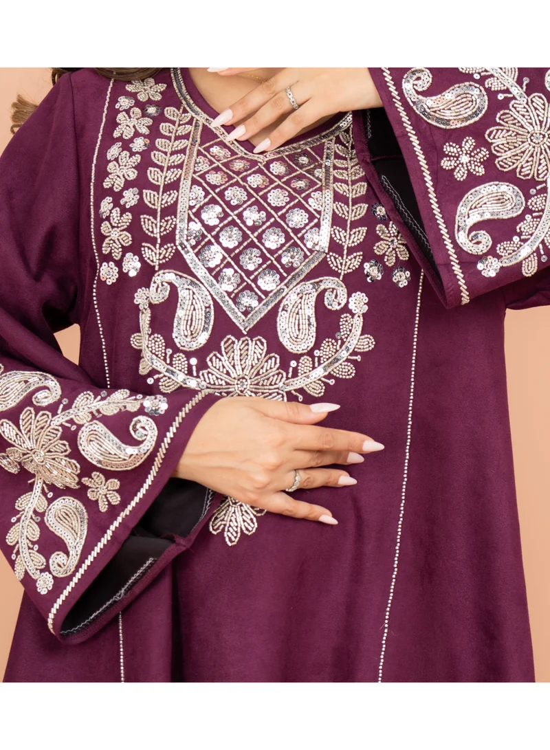 IKKXA Wide Sleeve Shimmer Fabric Silver Embroidery Jalabiya IK1062 Purple