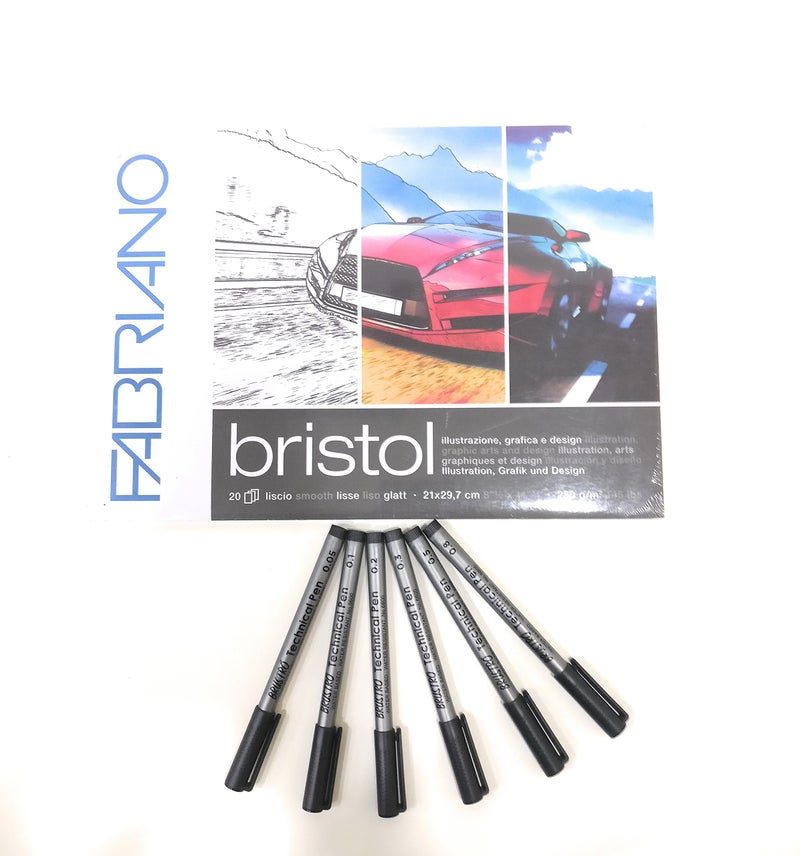 BRUSTRO Technical Pen Black - Set of 6 & Fabriano Bristol Glued Block A4 (Assorted) - Image 3