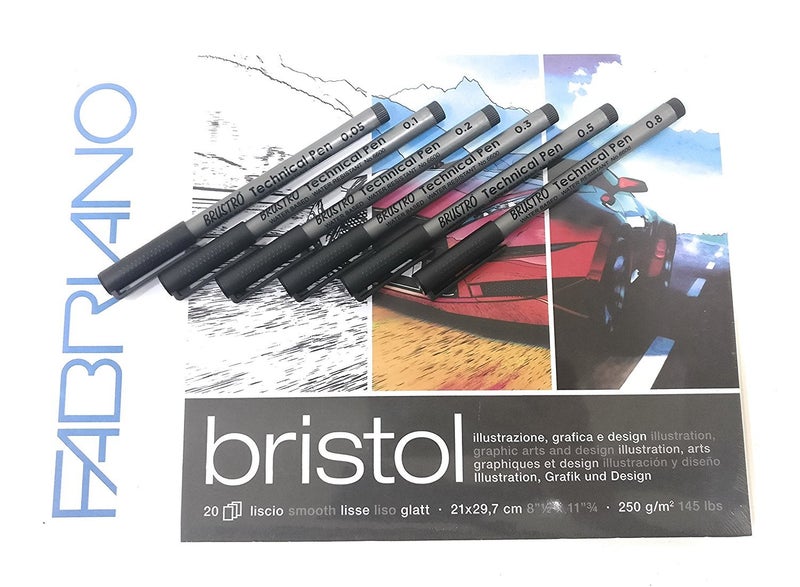 BRUSTRO Technical Pen Black - Set of 6 & Fabriano Bristol Glued Block A4 (Assorted) - Image 1
